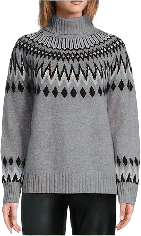 eometric Print Turtleneck Sweater Winter Warm Long Sleeve Casual Top for Vacation and Daily Wear