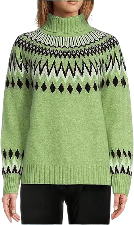 eometric Print Turtleneck Sweater Winter Warm Long Sleeve Casual Top for Vacation and Daily Wear